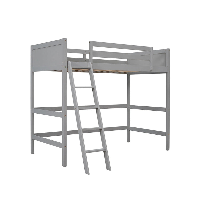 Lit mezzanine simple en pin massif avec échelle et barrières de sécurité