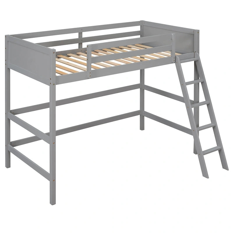 Lit mezzanine simple en pin massif avec échelle et barrières de sécurité