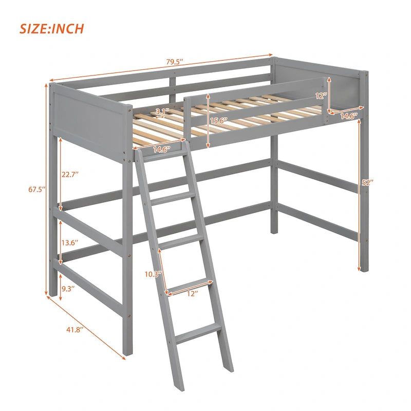 Lit mezzanine simple en pin massif avec échelle et barrières de sécurité