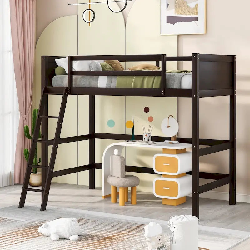 Lit mezzanine simple en bois massif avec échelle et garde-corps de sécurité