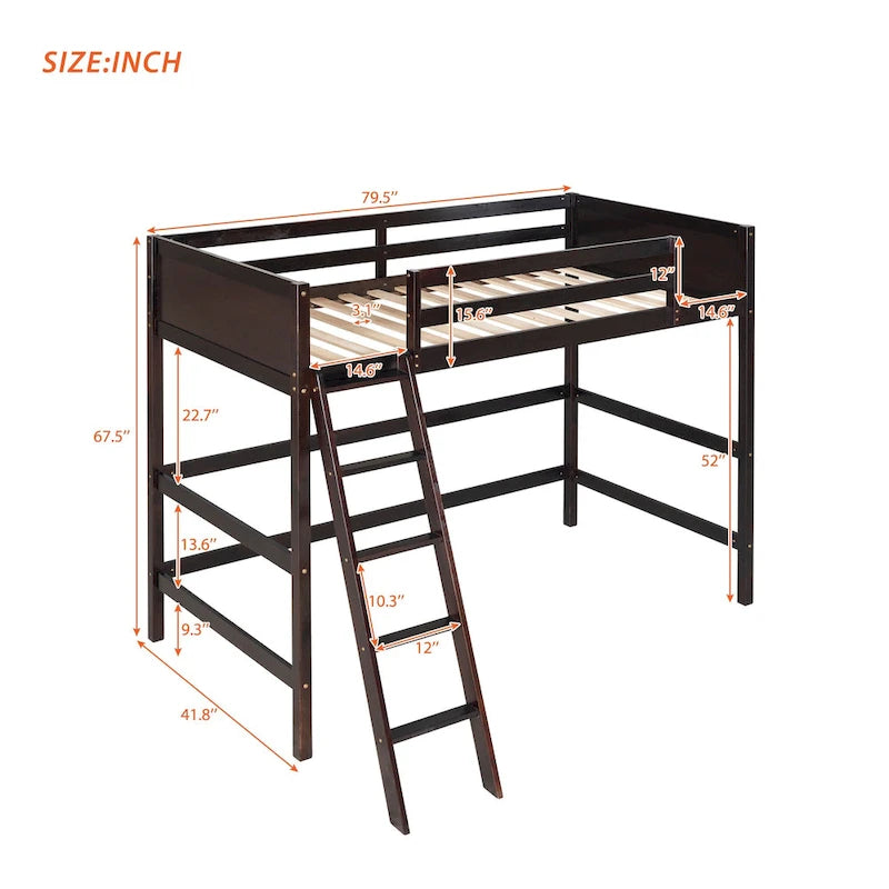 Lit mezzanine simple en bois massif avec échelle et garde-corps de sécurité