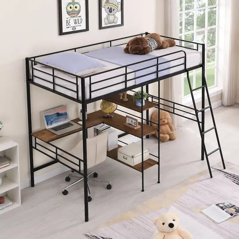 Lit mezzanine en métal pour lits jumeaux avec bureau intégré et étagères