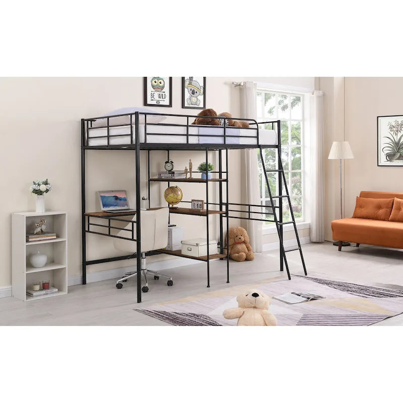 Lit mezzanine en métal pour lits jumeaux avec bureau intégré et étagères