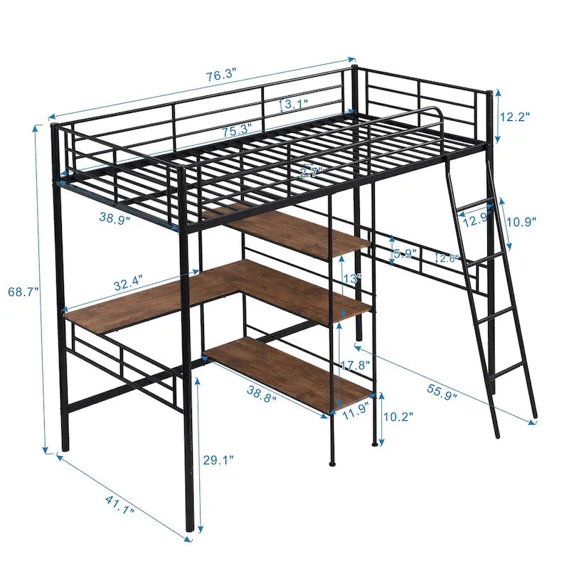Lit mezzanine en métal pour lits jumeaux avec bureau intégré et étagères