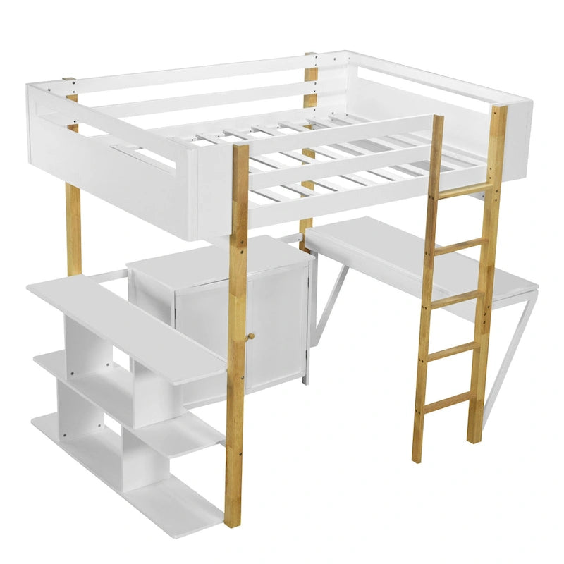 Lit mezzanine pleine grandeur en bois massif avec armoire de rangement et bureau pliable