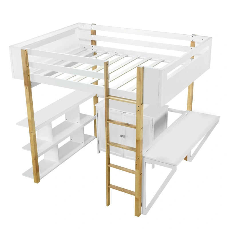 Lit mezzanine pleine grandeur en bois massif avec armoire de rangement et bureau pliable