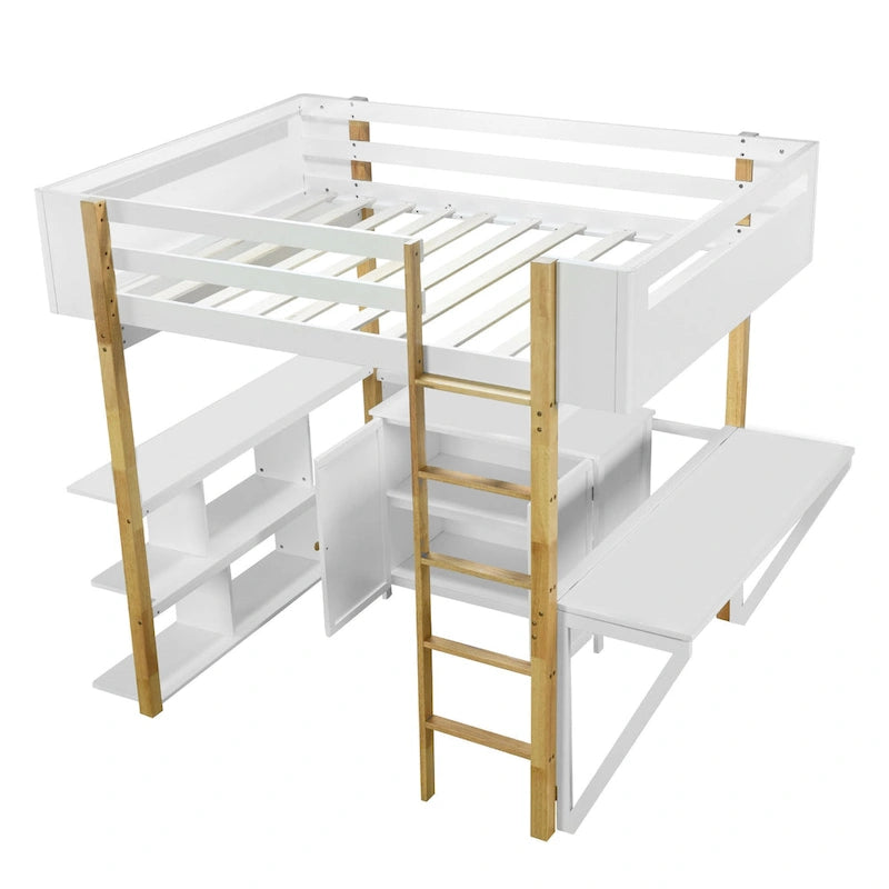 Lit mezzanine pleine grandeur en bois massif avec armoire de rangement et bureau pliable