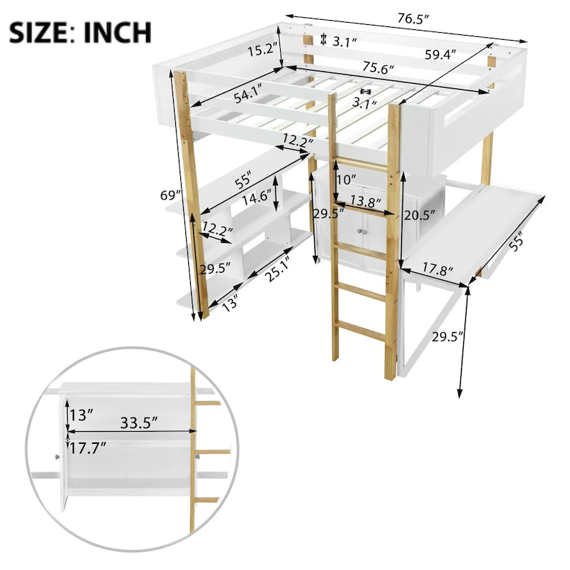 Lit mezzanine pleine grandeur en bois massif avec armoire de rangement et bureau pliable