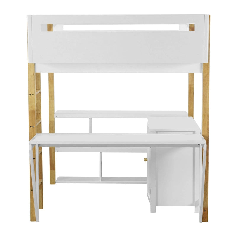 Lit mezzanine pleine grandeur en bois massif avec armoire de rangement et bureau pliable