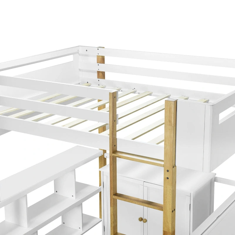 Lit mezzanine pleine grandeur en bois massif avec armoire de rangement et bureau pliable