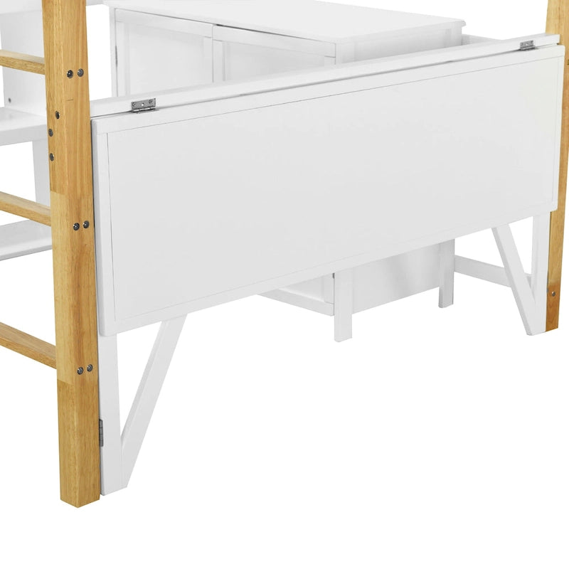 Lit mezzanine pleine grandeur en bois massif avec armoire de rangement et bureau pliable