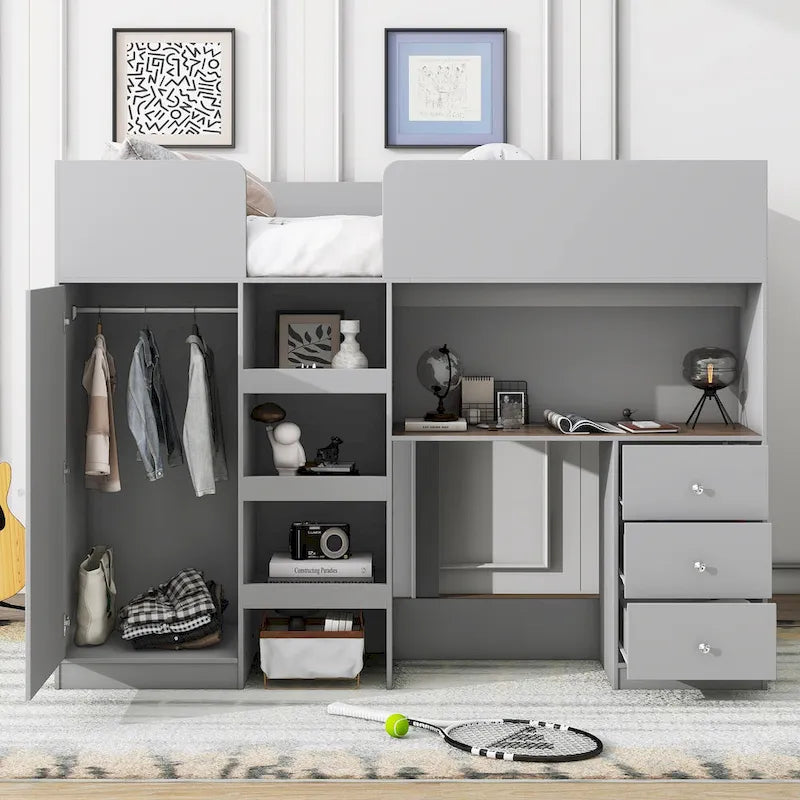 Lit mezzanine pleine grandeur en bois massif avec armoire, bureau, étagères et tiroirs