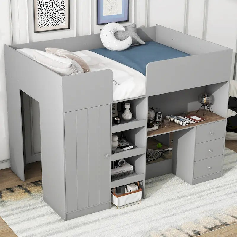 Lit mezzanine pleine grandeur en bois massif avec armoire, bureau, étagères et tiroirs
