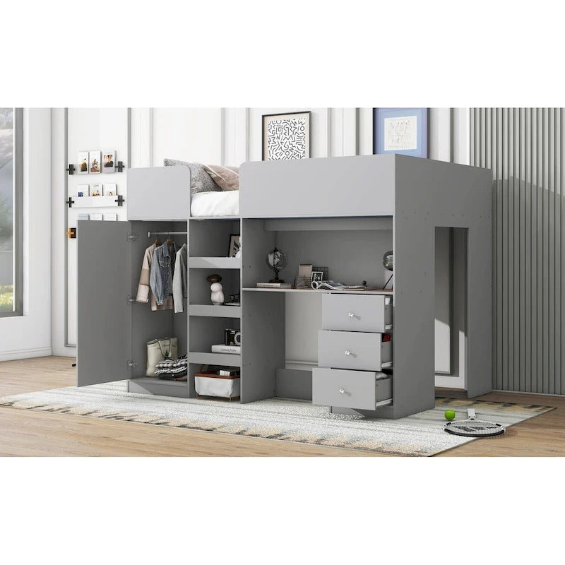 Lit mezzanine pleine grandeur en bois massif avec armoire, bureau, étagères et tiroirs