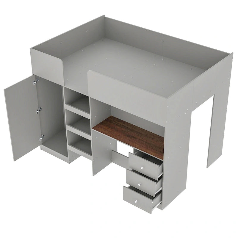 Lit mezzanine pleine grandeur en bois massif avec armoire, bureau, étagères et tiroirs