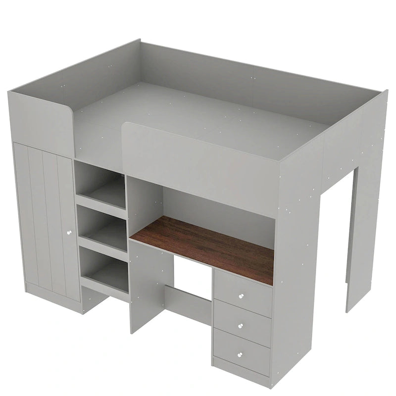 Lit mezzanine pleine grandeur en bois massif avec armoire, bureau, étagères et tiroirs