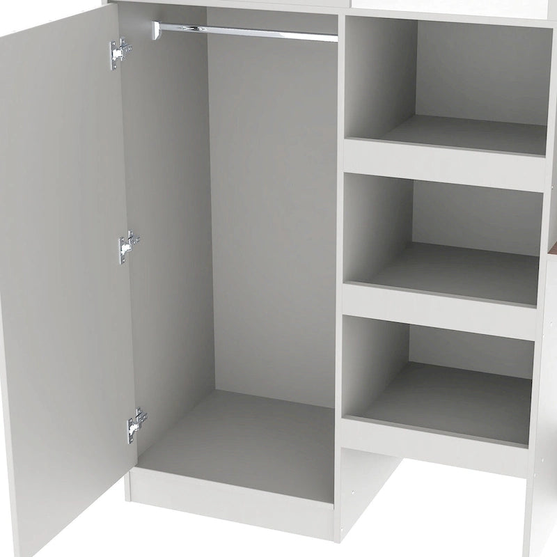 Lit mezzanine pleine grandeur en bois massif avec armoire, bureau, étagères et tiroirs