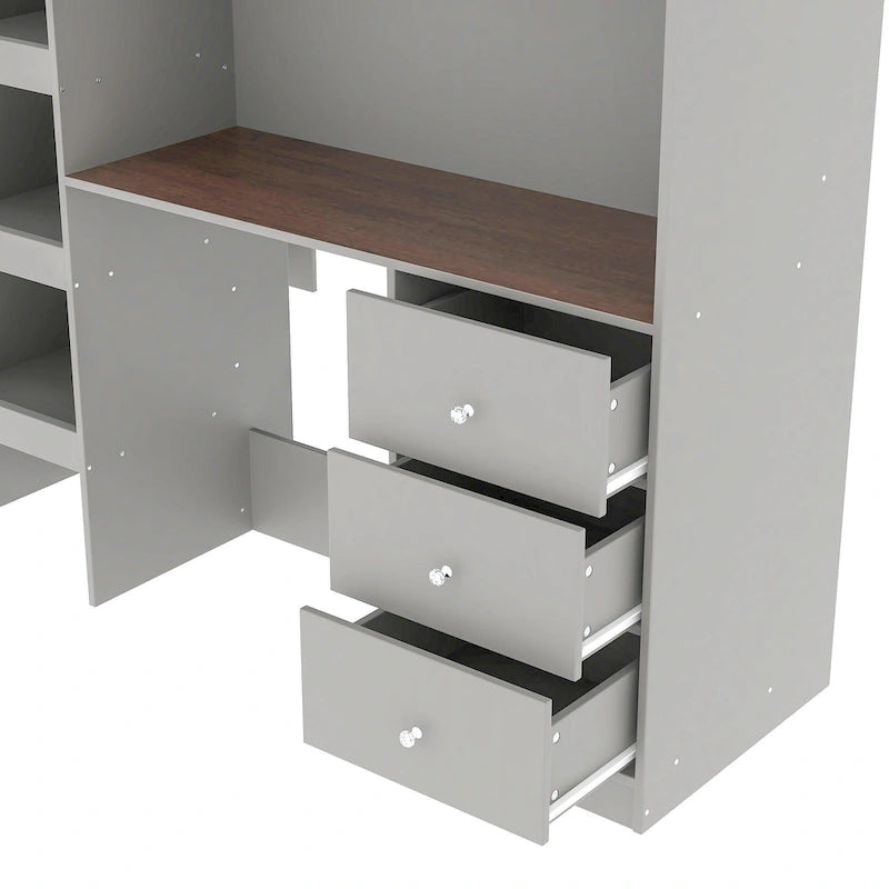 Lit mezzanine pleine grandeur en bois massif avec armoire, bureau, étagères et tiroirs