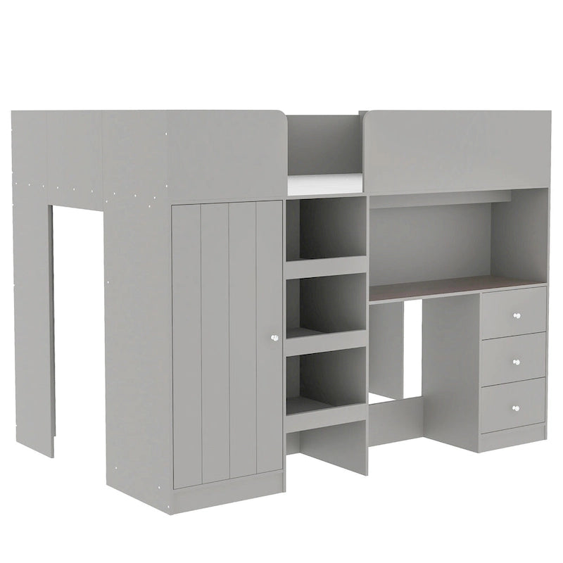 Lit mezzanine pleine grandeur en bois massif avec armoire, bureau, étagères et tiroirs