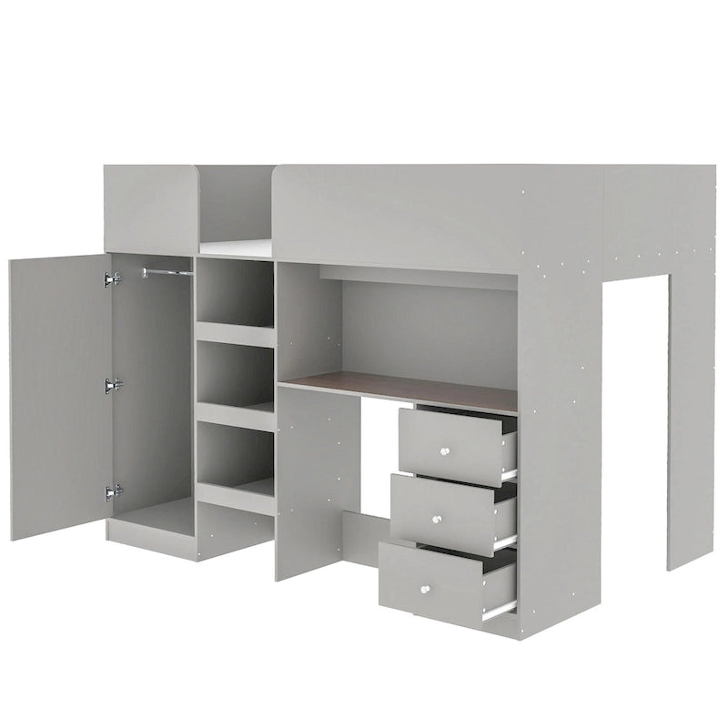 Lit mezzanine pleine grandeur en bois massif avec armoire, bureau, étagères et tiroirs