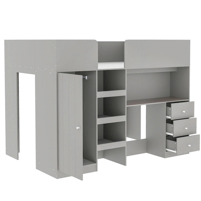 Lit mezzanine pleine grandeur en bois massif avec armoire, bureau, étagères et tiroirs