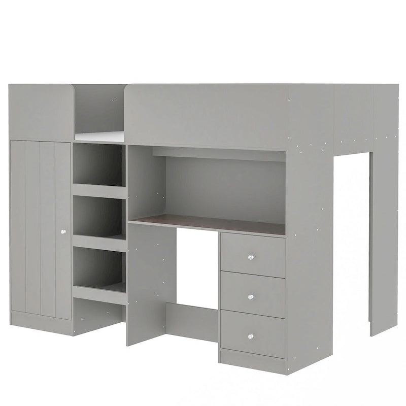 Lit mezzanine pleine grandeur en bois massif avec armoire, bureau, étagères et tiroirs