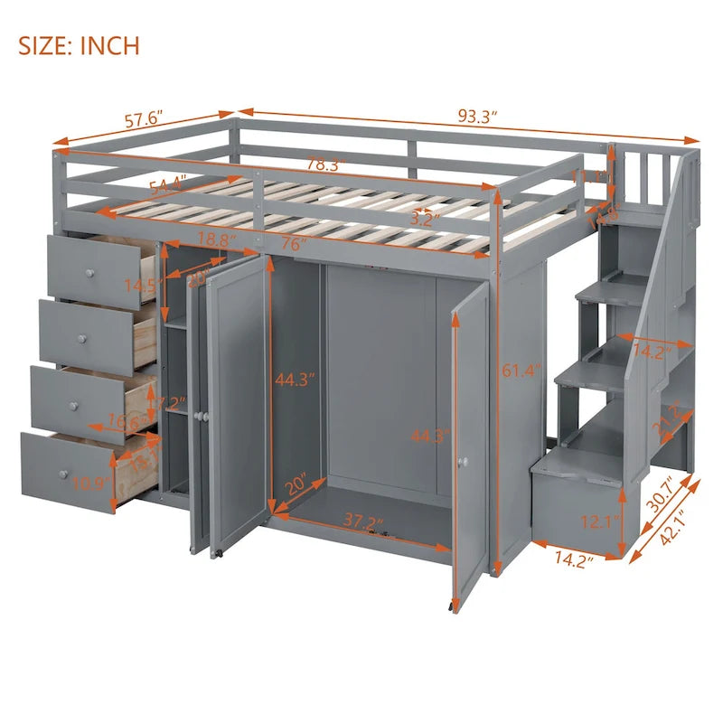 Lit mezzanine gris pleine grandeur en bois avec armoires encastrées et tiroirs