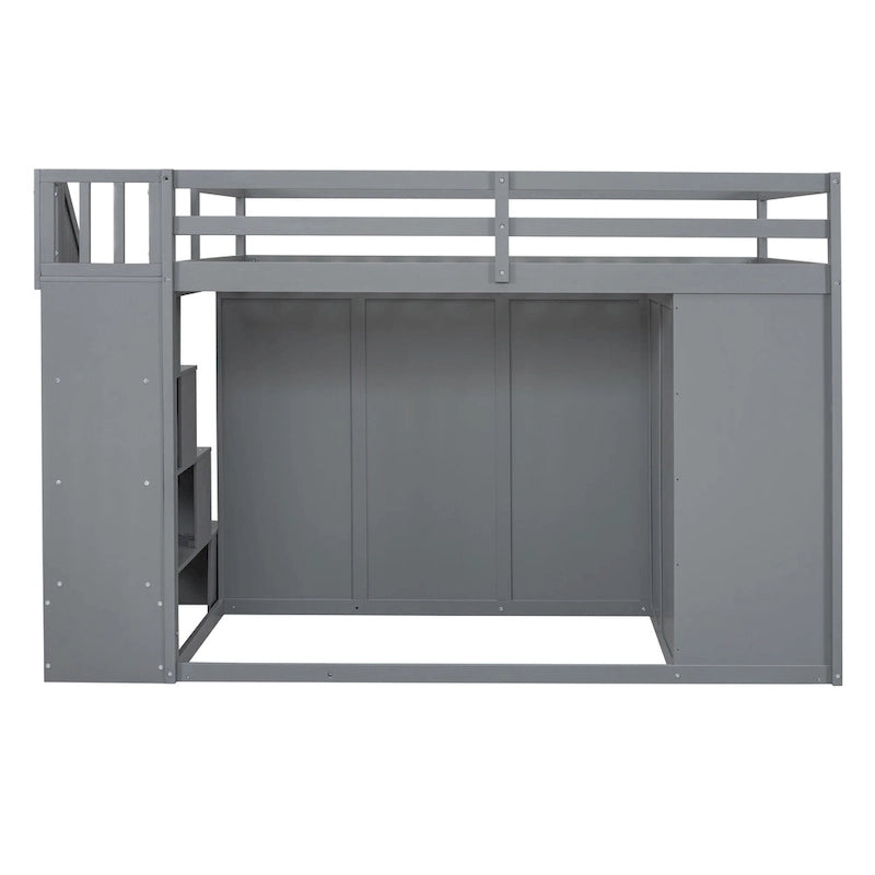 Lit mezzanine gris pleine grandeur en bois avec armoires encastrées et tiroirs