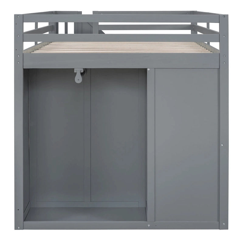 Lit mezzanine gris pleine grandeur en bois avec armoires encastrées et tiroirs