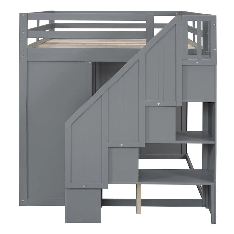 Lit mezzanine gris pleine grandeur en bois avec armoires encastrées et tiroirs