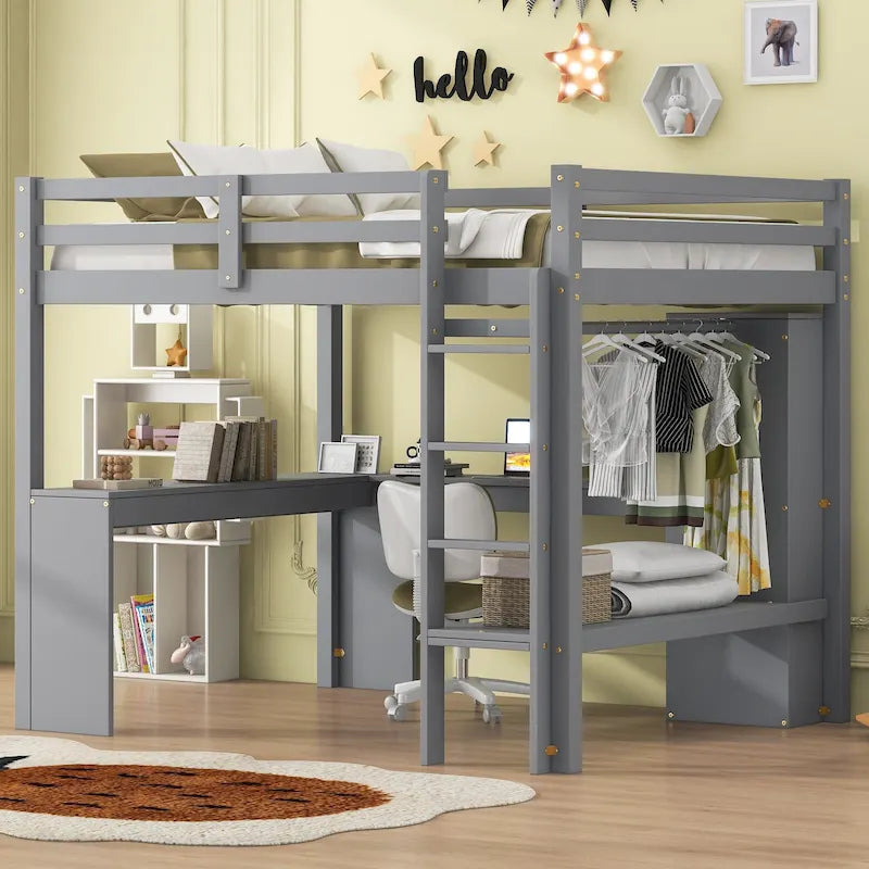 Lit mezzanine double en bois massif avec bureau en L, armoire et étagères de rangement