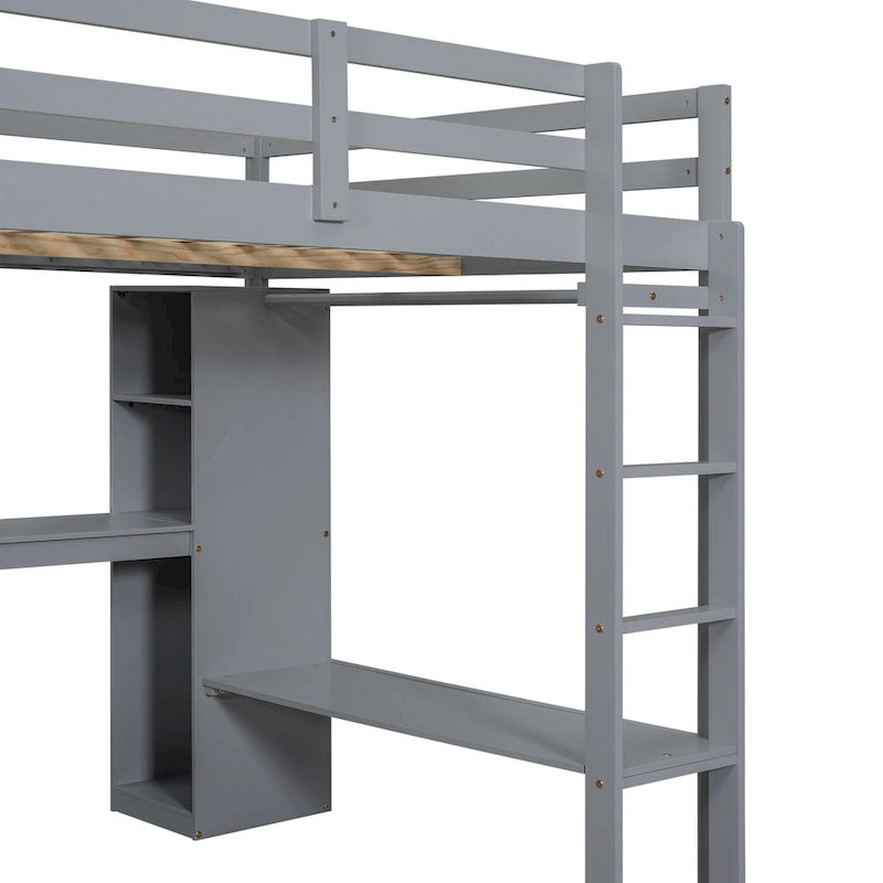 Lit mezzanine double en bois massif avec bureau en L, armoire et étagères de rangement