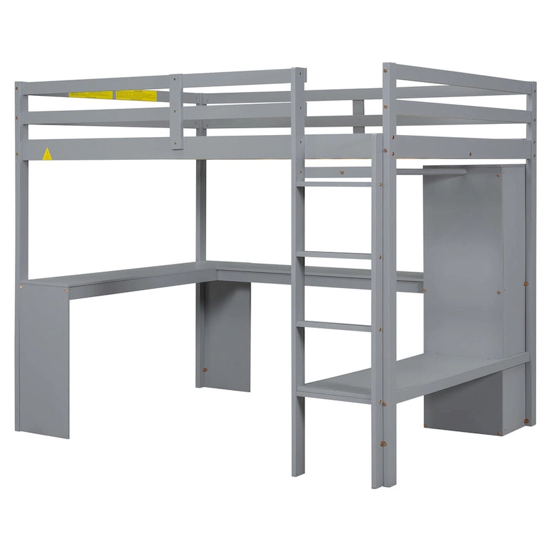 Lit mezzanine double en bois massif avec bureau en L, armoire et étagères de rangement