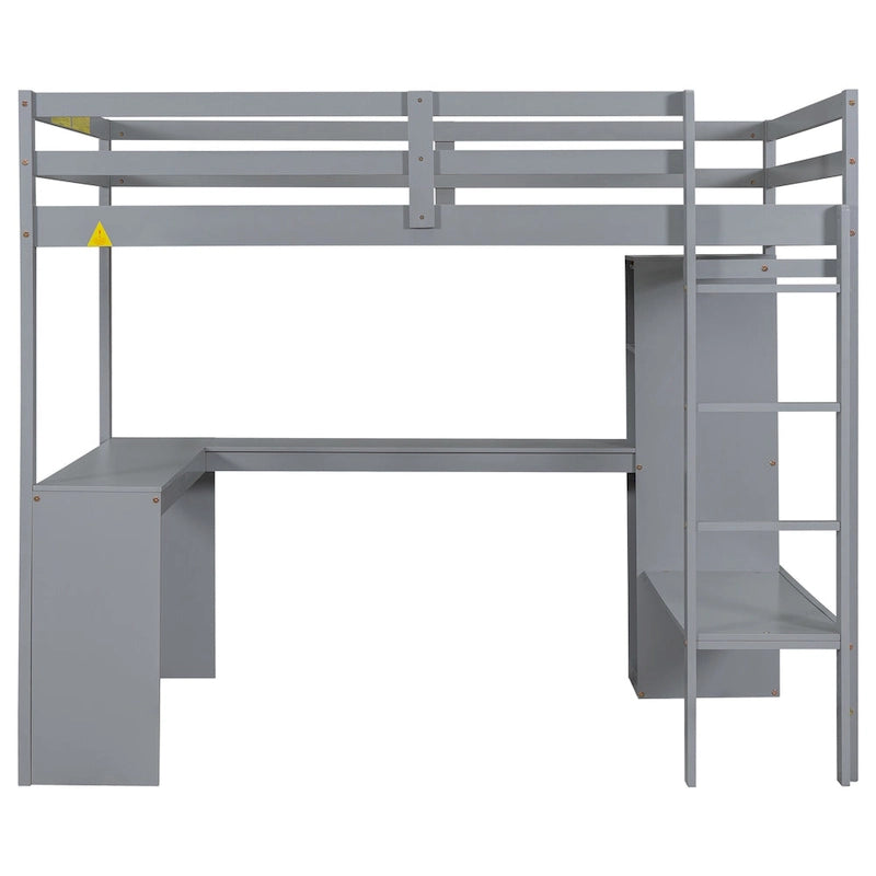 Lit mezzanine double en bois massif avec bureau en L, armoire et étagères de rangement
