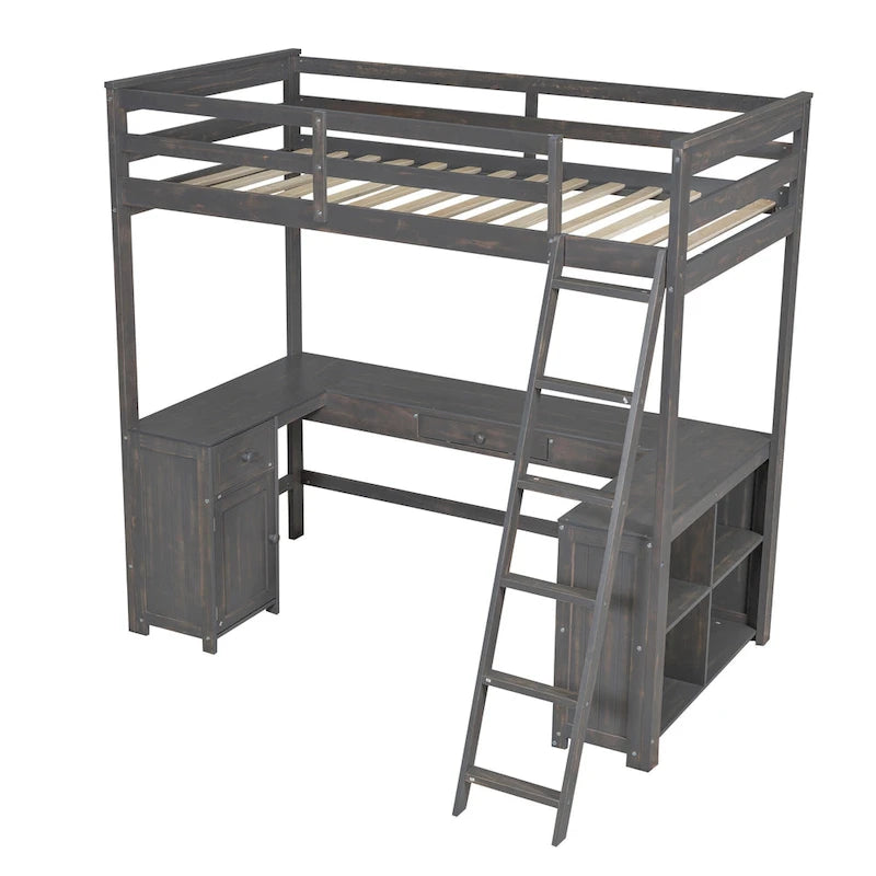 Lit mezzanine en bois massif de taille double avec bureau, tableau noir et tiroirs
