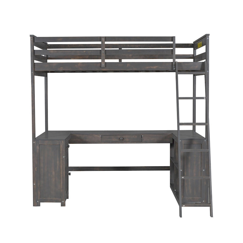 Lit mezzanine en bois massif de taille double avec bureau, tableau noir et tiroirs