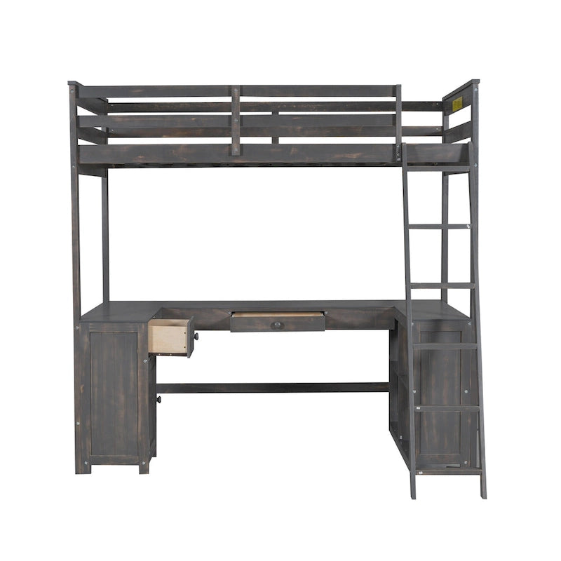 Lit mezzanine en bois massif de taille double avec bureau, tableau noir et tiroirs