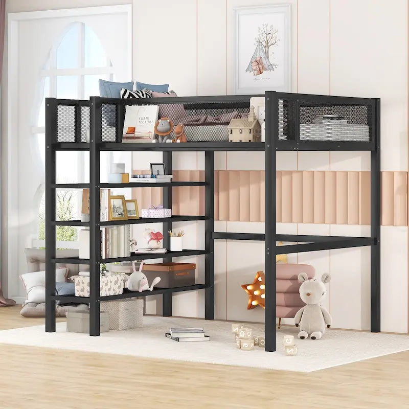 Lit mezzanine double en métal avec étagères à 4 niveaux et poste de travail