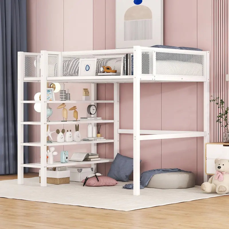 Lit mezzanine double en métal avec étagères à 4 niveaux et poste de travail