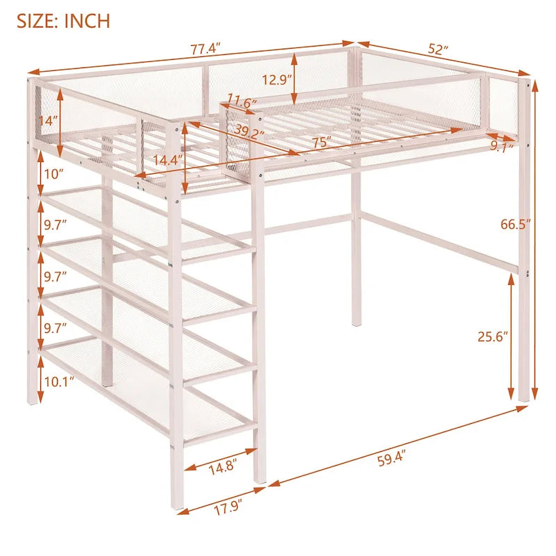 Lit mezzanine double en métal avec étagères à 4 niveaux et poste de travail