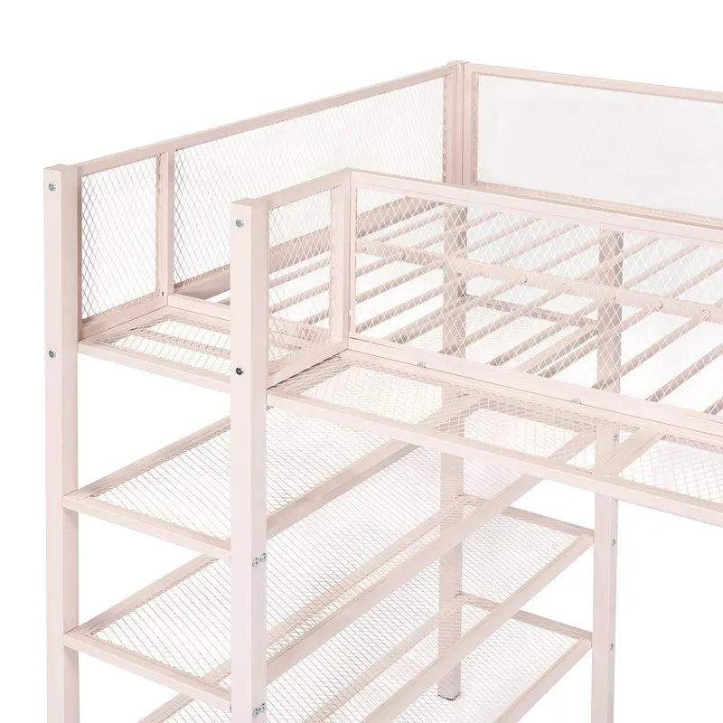 Lit mezzanine double en métal avec étagères à 4 niveaux et poste de travail