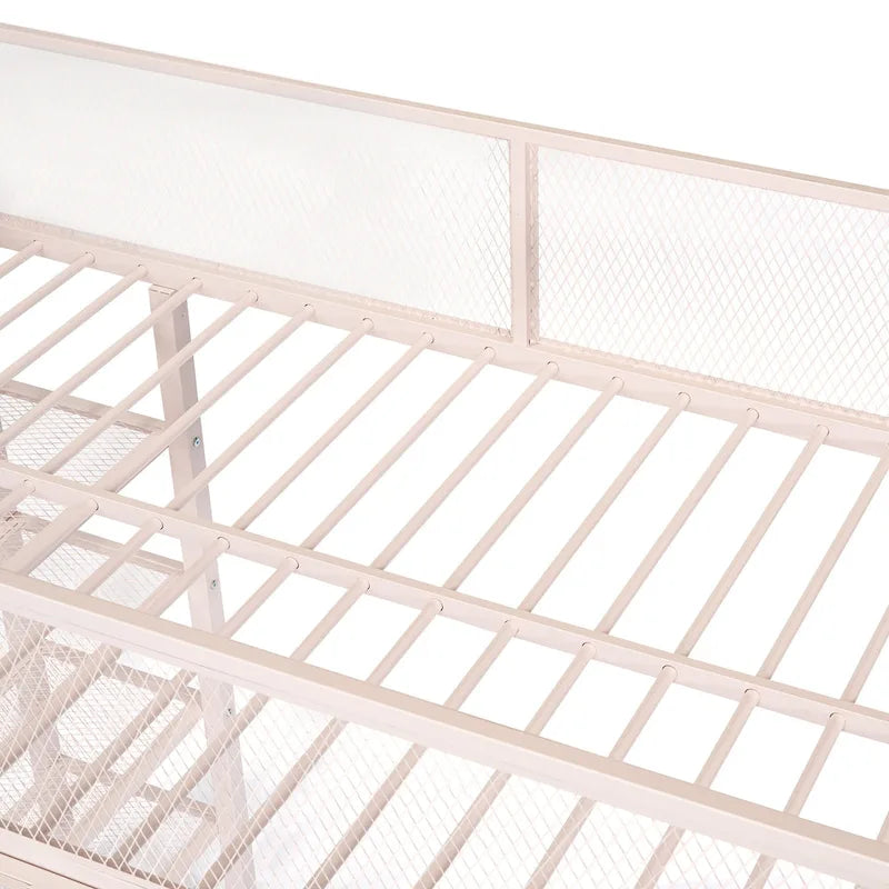 Lit mezzanine double en métal avec étagères à 4 niveaux et poste de travail