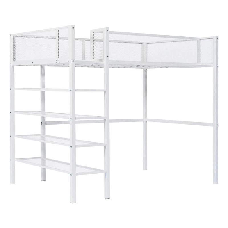 Lit mezzanine double en métal avec étagères à 4 niveaux et poste de travail