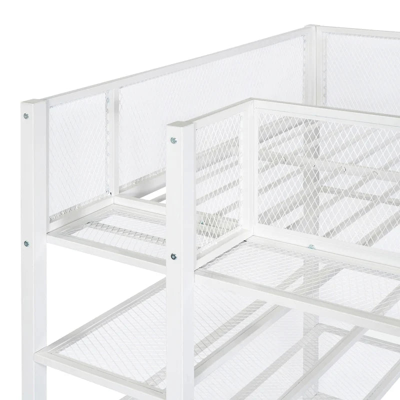 Lit mezzanine double en métal avec étagères à 4 niveaux et poste de travail