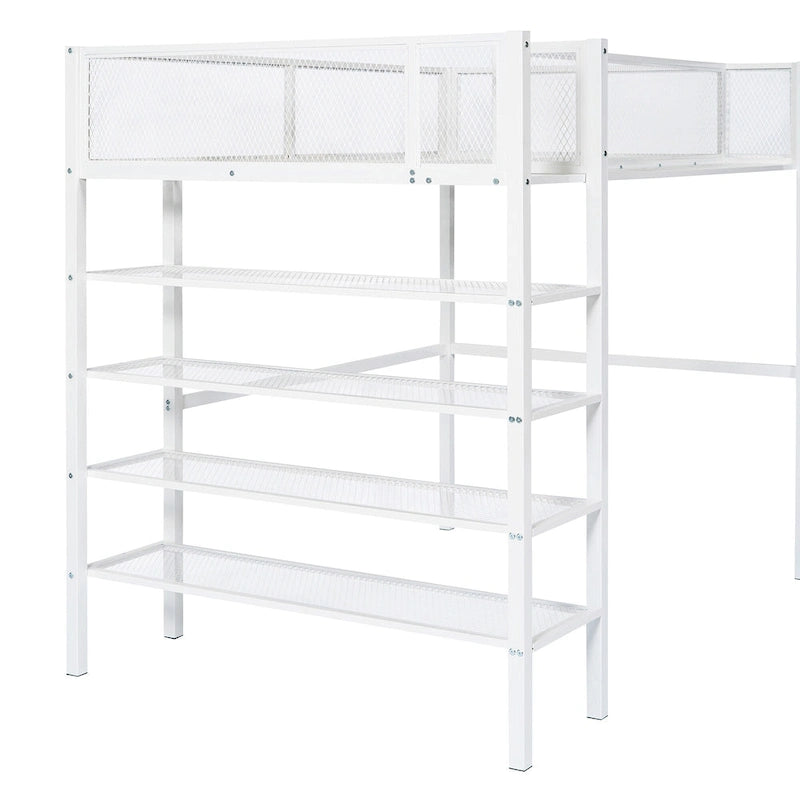 Lit mezzanine double en métal avec étagères à 4 niveaux et poste de travail