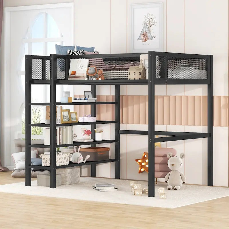 Lit mezzanine double en métal avec étagères à 4 niveaux et poste de travail