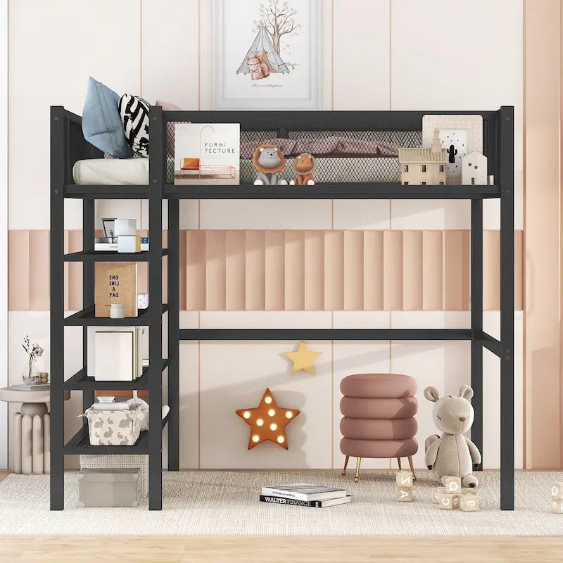 Lit mezzanine double en métal avec étagères à 4 niveaux et poste de travail