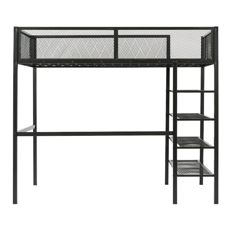 Lit mezzanine double en métal avec étagères à 4 niveaux et poste de travail