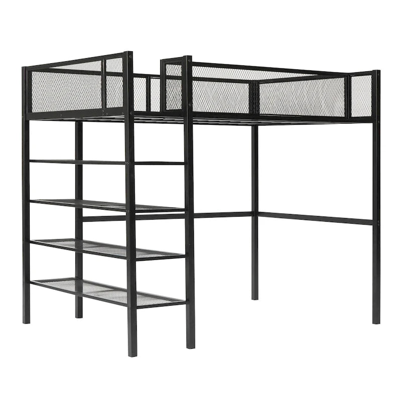 Lit mezzanine double en métal avec étagères à 4 niveaux et poste de travail