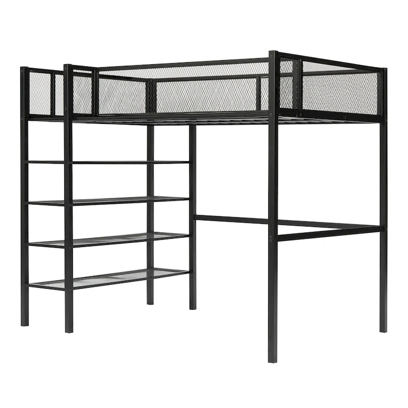 Lit mezzanine double en métal avec étagères à 4 niveaux et poste de travail